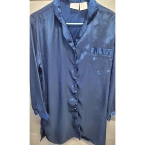 Secret Treasures Blue Satin Button Up Sleep Shirt Nightgown Floral Trim S